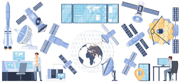 Iconos de concepto de satélites establecidos con símbolos de exploración espacial ilustración vectorial aislada plana
