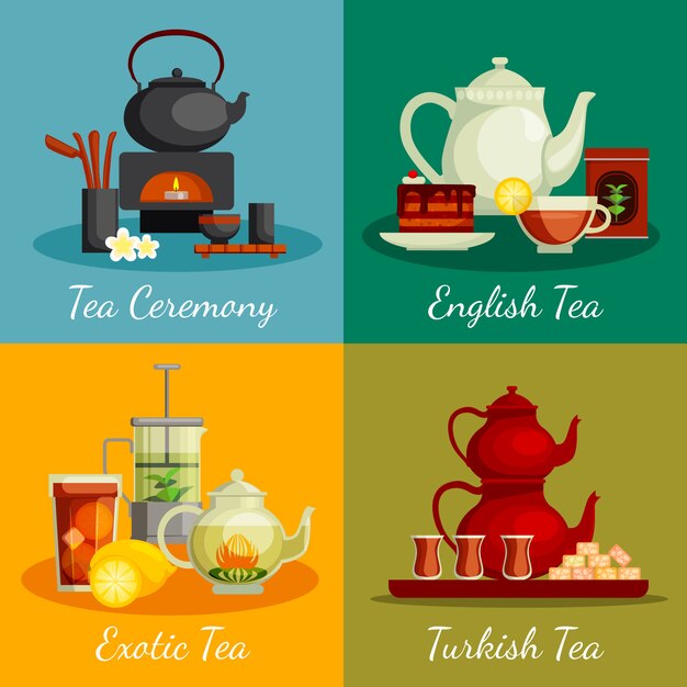 Iconos de concepto de té con símbolos de la ceremonia del té