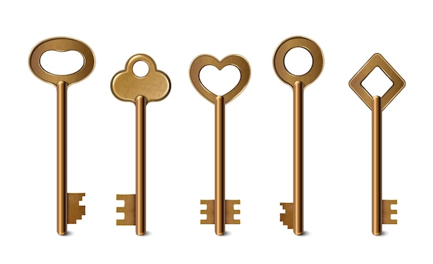 Iconos de conjunto de llaves de metal dorado vintage realistas ilustración vectorial aislada