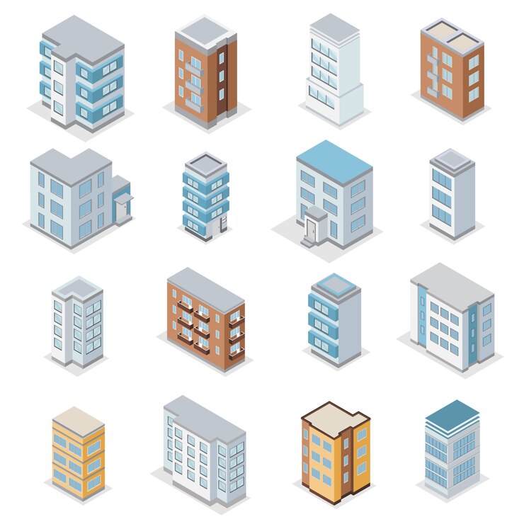 Vector gratuito iconos de construcción de casa adosada con ilustración aislada isométrica de paisaje de ciudad