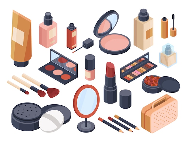 Vector gratuito iconos cosméticos con lápiz labial y polvo isométrico ilustración vectorial aislada