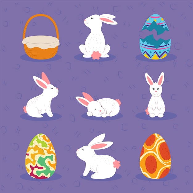 Iconos de decoración de huevos y conejos de pascua