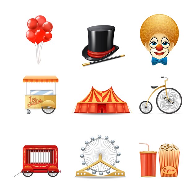 Los iconos decorativos del circo fijaron con la bici realista de la tienda de la carpa del payaso aislada