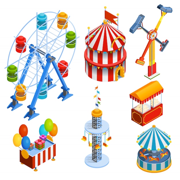 Iconos decorativos isométricos del parque de atracciones