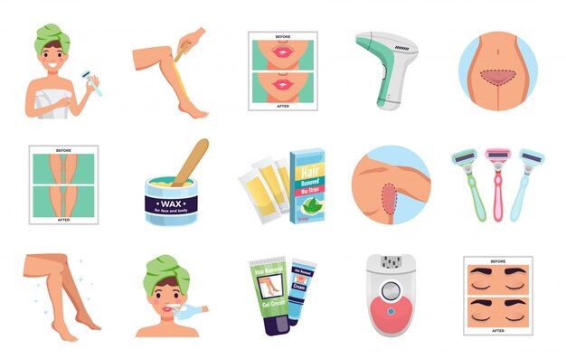 Iconos de depilación establecidos con cera y láser ilustración de vector plano aislado