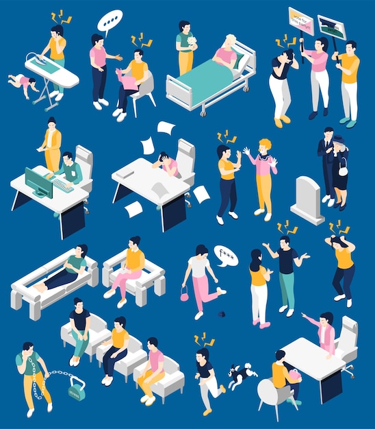 Iconos de depresión y estrés establecidos con símbolos de atención médica ilustración vectorial aislada isométrica