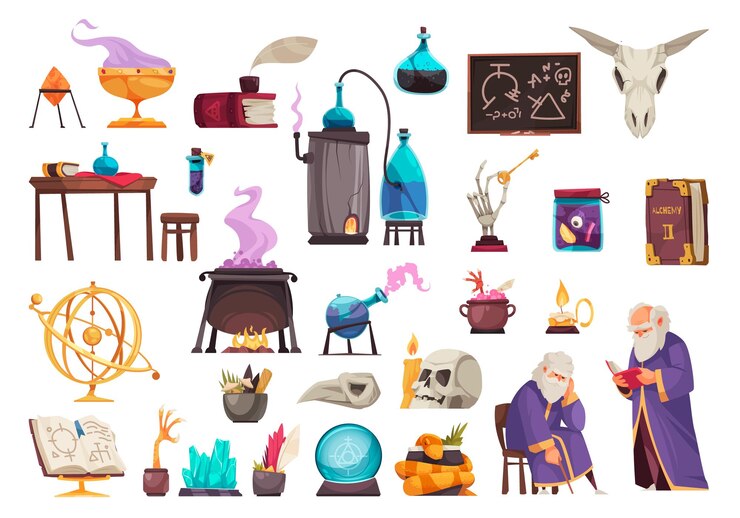 Vector gratuito iconos de dibujos animados de alquimia con antiguo caldero de alquimista libro bola vela poción piedra cráneo aislado sobre fondo blanco ilustración vectorial