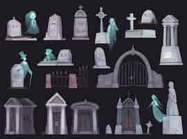 Vector gratuito iconos de dibujos animados con la antigua cerca del cementerio capilla lápida cripta cruz y fantasma aislado en la ilustración de vector de fondo negro