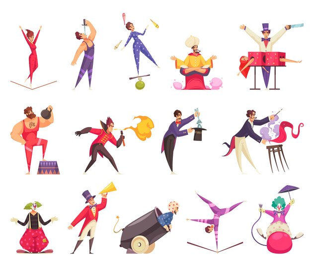 Iconos de dibujos animados de artistas de circo con payaso mago malabarista hombre fuerte acróbata aislado en ilustración de vector de fondo blanco