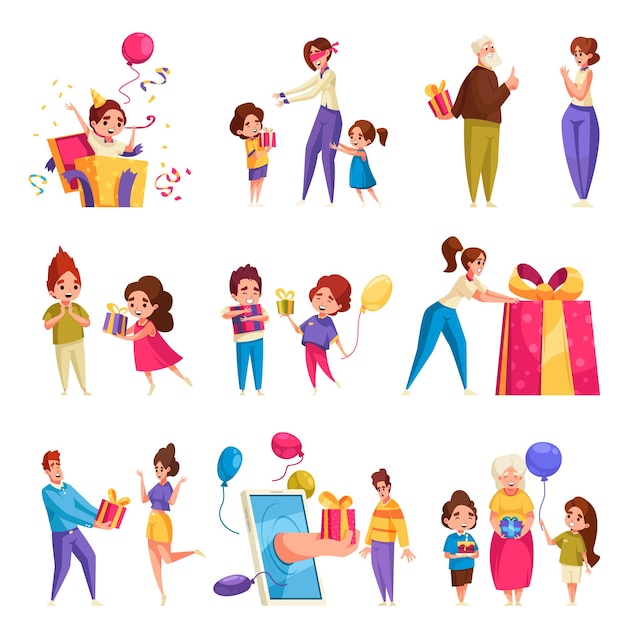 Iconos de dibujos animados de celebración navideña con personas que dan regalos ilustración vectorial aislada