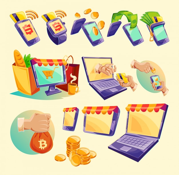 Iconos de dibujos animados de dispositivos para pagos en línea
