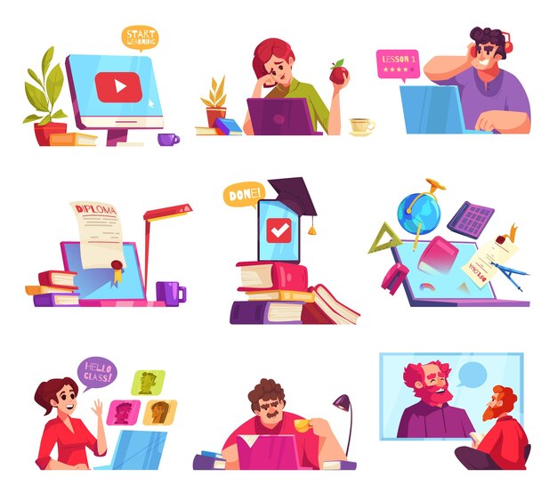 Iconos de dibujos animados de educación en línea configurados con estudiantes con dispositivos móviles ilustración vectorial aislada