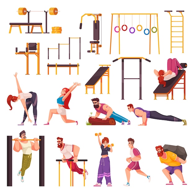 Vector gratuito iconos de dibujos animados de entrenamiento con accesorios deportivos al aire libre ilustración vectorial aislada