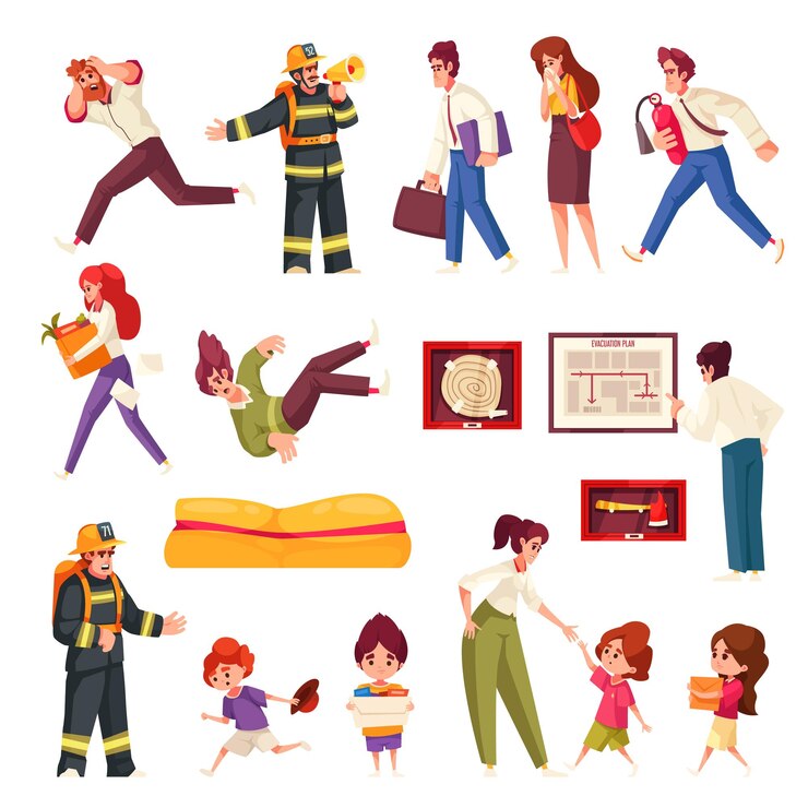 Vector gratuito iconos de dibujos animados de evacuación establecidos con niños y adultos que escapan de la ilustración vectorial aislada de emergencia