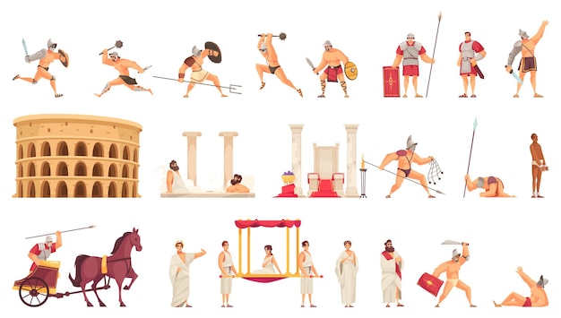 Iconos de dibujos animados con gladiadores del coliseo y ciudadanos de la antigua roma ilustraciones vectoriales aisladas
