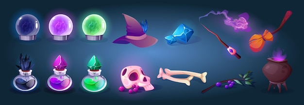 Vector gratuito iconos de dibujos animados de juegos de hechiceros o brujas