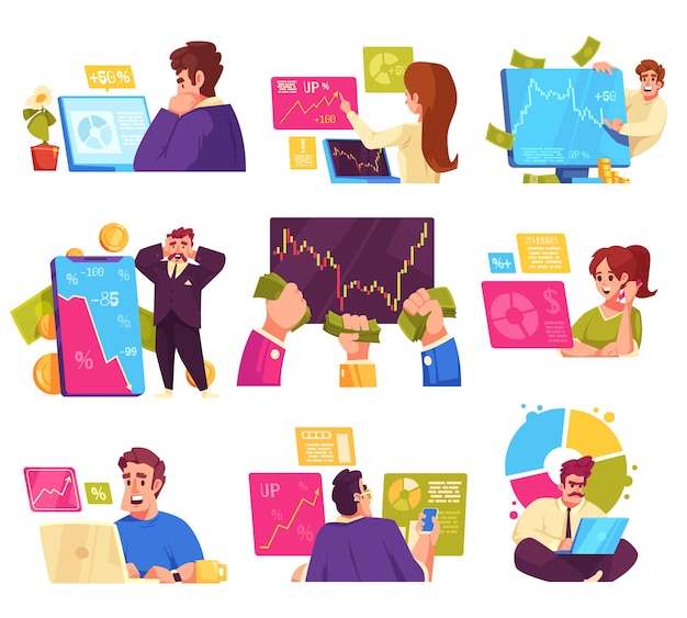 Vector gratuito iconos de dibujos animados del mercado de valores con personas que comercian en línea ilustración vectorial aislada