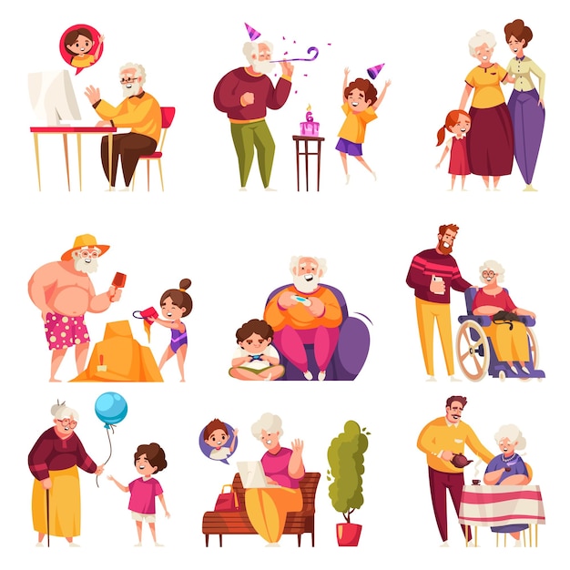 Iconos de dibujos animados de parientes mayores establecidos con personas mayores con miembros de la familia más jóvenes aislados ilustración vectorial