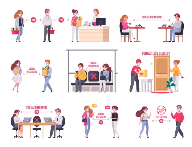 Iconos de dibujos animados con personas que mantienen el distanciamiento social en la tienda de transporte en el trabajo ilustración vectorial aislada