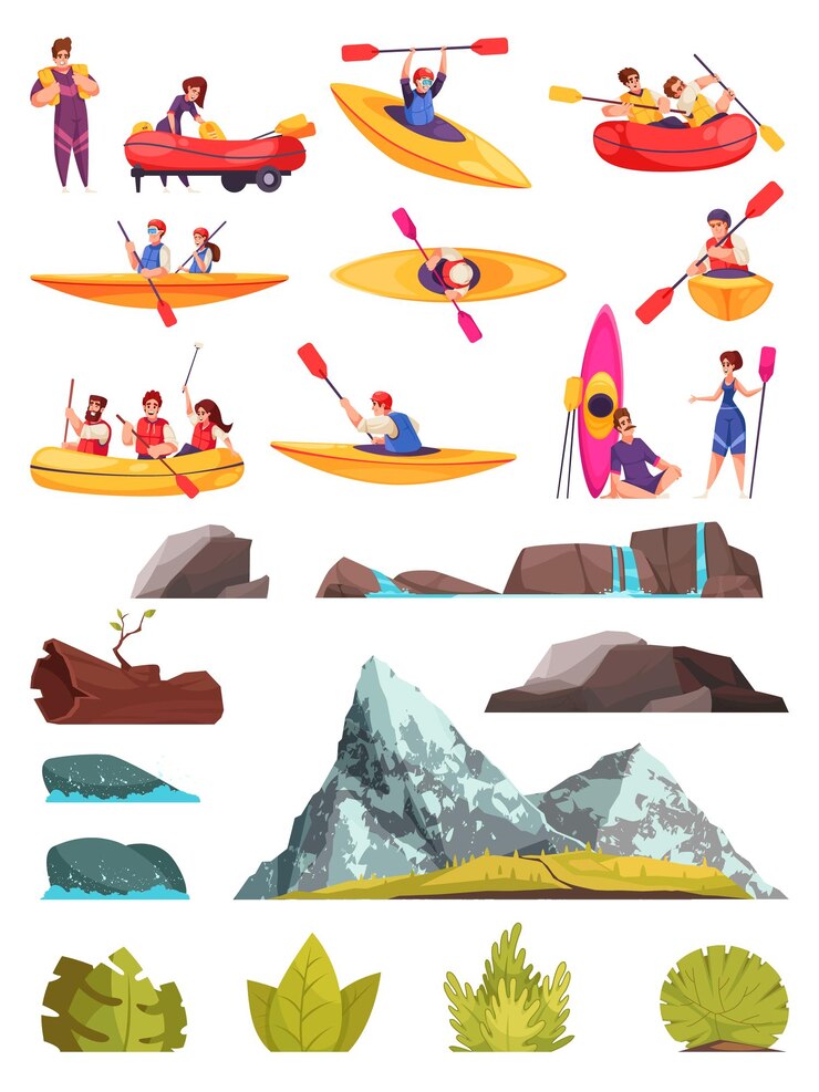 Vector gratuito iconos de dibujos animados de rafting con actividades deportivas extremas de río y montaña ilustración vectorial aislada