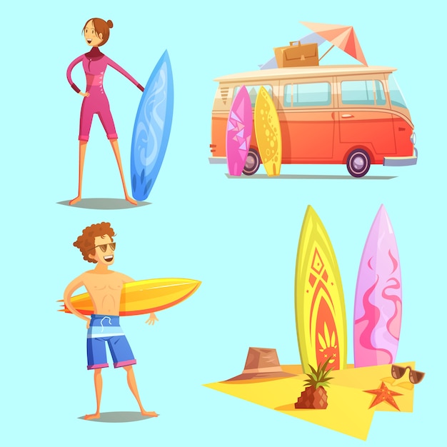 Vector gratuito iconos de dibujos animados retro de surf