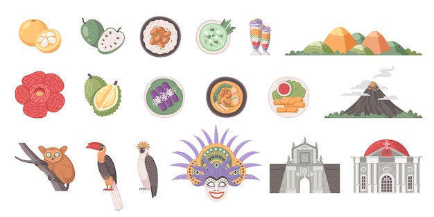 Iconos de dibujos animados de viaje de filipinas con atracciones turísticas y puntos de referencia aislados ilustración vectorial