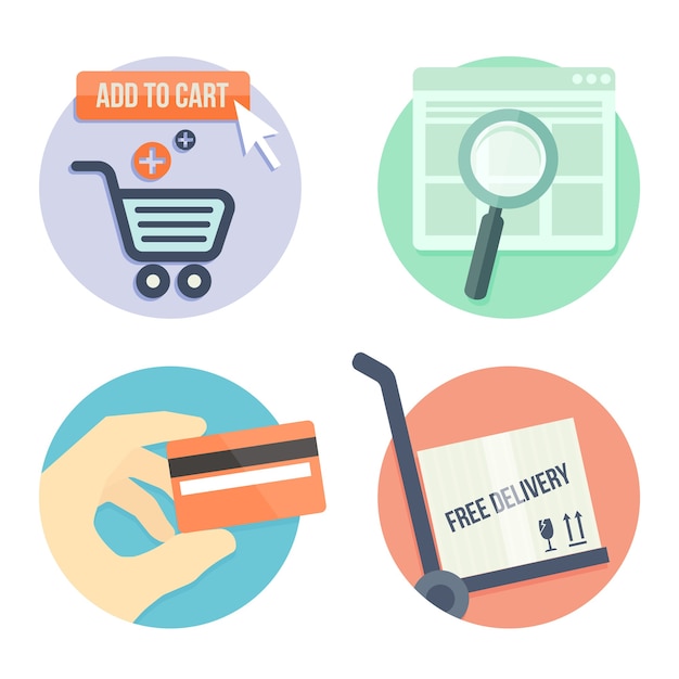 iconos de diseño plano de compras en línea para tienda en línea, agregar a la bolsa, métodos de pago y entrega