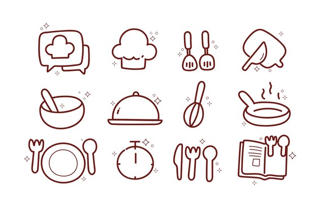 Iconos de doodle de cocina utensilios de cocina línea logo de restaurante de comida