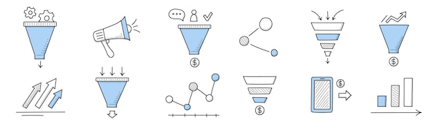 Vector gratuito iconos de doodle de embudo de ventas, altavoz de signos de negocios lineal, gráficos o tablas de infografías, pago con teléfono inteligente, atracción de clientes, estrategia de gestión y análisis de datos, ilustración de vector de arte lineal