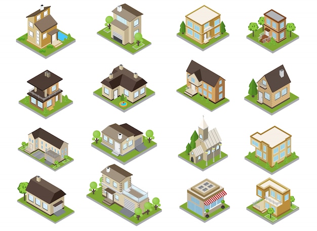 Los iconos de los edificios de los suburbios con casas adosadas y la iglesia isométrica aislado