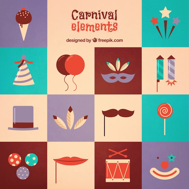 Iconos de elementos de carnaval en estilo de colores