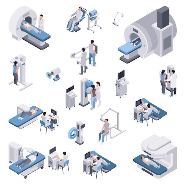 Iconos de equipos médicos establecidos con símbolos de diagnóstico ilustración vectorial aislada isométrica