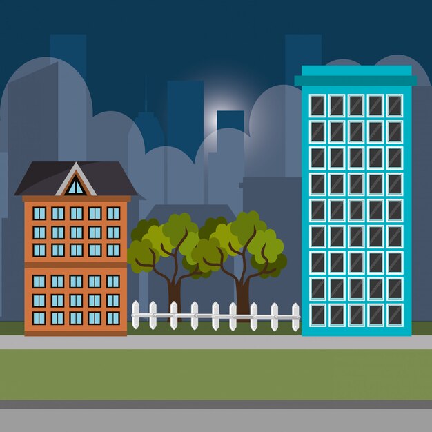 iconos de escena nocturna de paisaje urbano