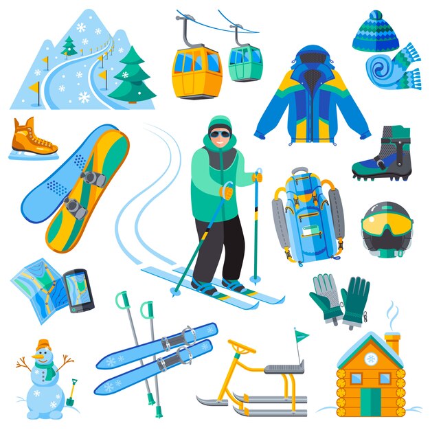 Iconos de la estación de esquí con equipo de deporte de invierno