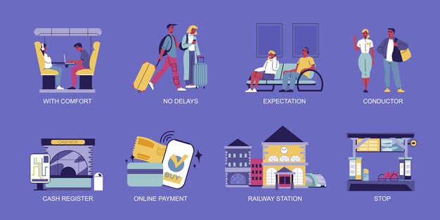 Iconos de la estación de ferrocarril con caja registradora y pago en línea ilustración vectorial aislada