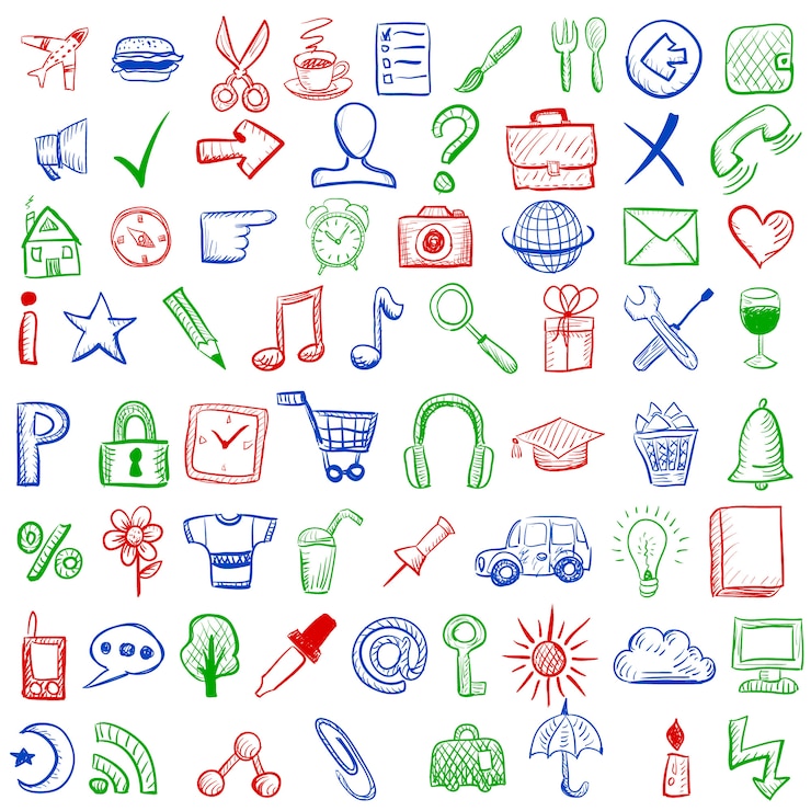 Vector gratuito iconos estilo hand drawn para aplicaciones móviles