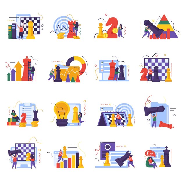 Iconos de estrategia empresarial establecidos con símbolos de juego de ajedrez ilustración vectorial aislada plana