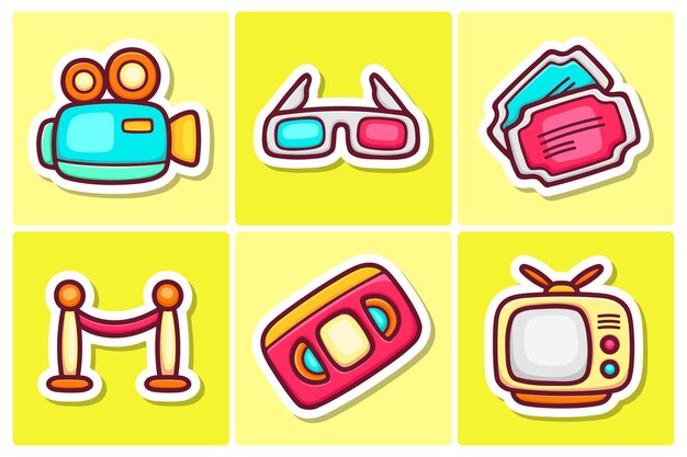 Iconos de la etiqueta engomada del cine Doodle Vector para colorear
