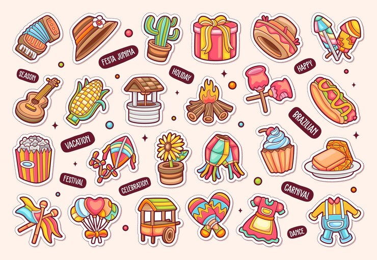 Vector gratuito iconos de la etiqueta engomada de festa junina vector dibujado a mano para colorear