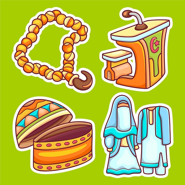 Iconos de la etiqueta engomada de ramadhan vector dibujado a mano para colorear