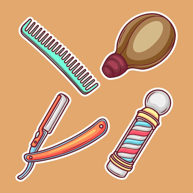 Iconos de la etiqueta engomada de la tienda del peluquero Vector para colorear dibujado a mano