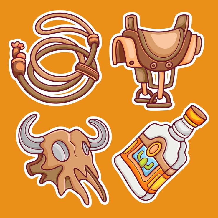 Vector gratuito iconos de la etiqueta engomada del vaquero occidental vector dibujado a mano para colorear