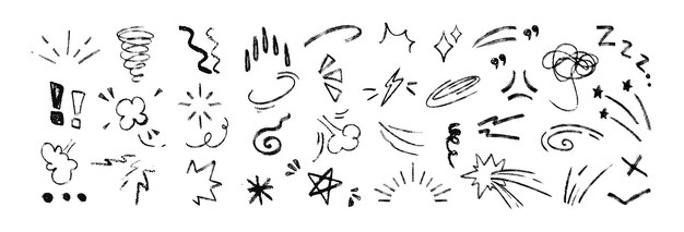 Iconos de expresión de manga de anime dibujados a mano con elementos de movimiento de línea de tiza