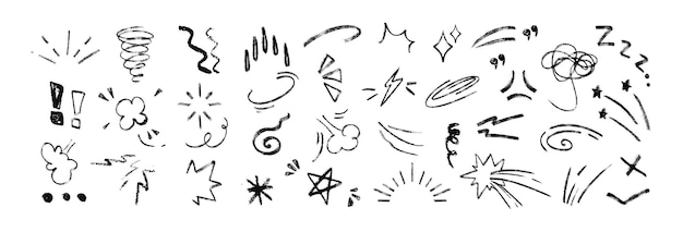 Iconos de expresión de manga de anime dibujados a mano con elementos de movimiento de línea de tiza