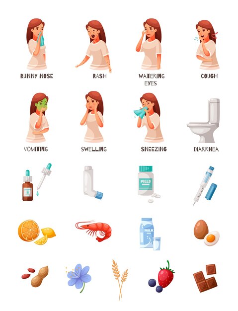 Iconos femeninos de alergia con síntomas y símbolos de tratamiento ilustración aislada de dibujos animados