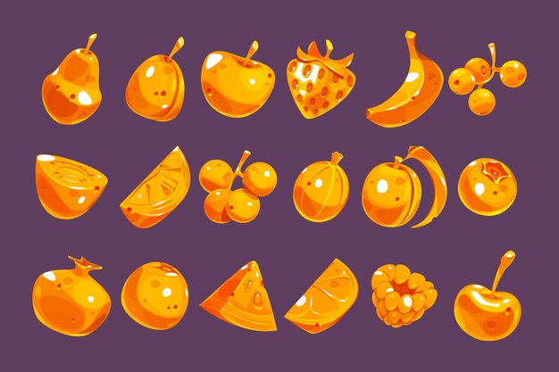 Iconos de frutas y bayas doradas para la interfaz del juego