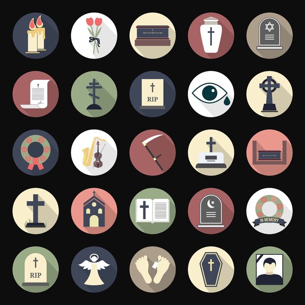 Iconos de funeral en estilo plano en círculos de colores. Elementos sobre el tema de la muerte, la ceremonia fúnebre.