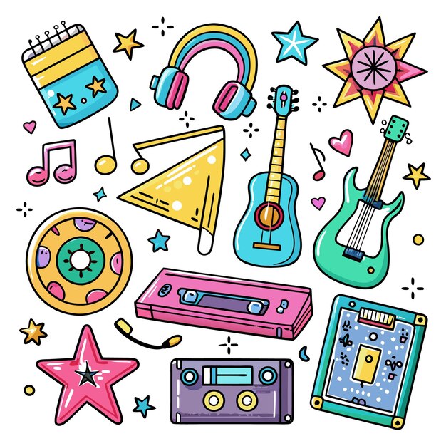 Iconos de garabateo coloridos con estrellas de la música y tecnología