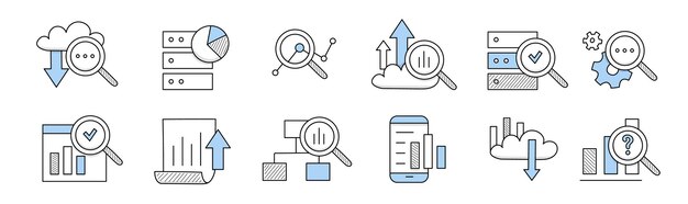 Iconos de garabatos de análisis de datos, signos de vectores de arte de línea