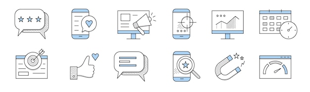 Vector gratuito iconos de garabatos smm burbuja de habla con estrellas, teléfono inteligente y botón similar, pc con megáfono, móvil con destino en pantalla, pantalla de computadora con gráfico, calendario, pulgar hacia arriba, conjunto de signos vectoriales de arte de línea